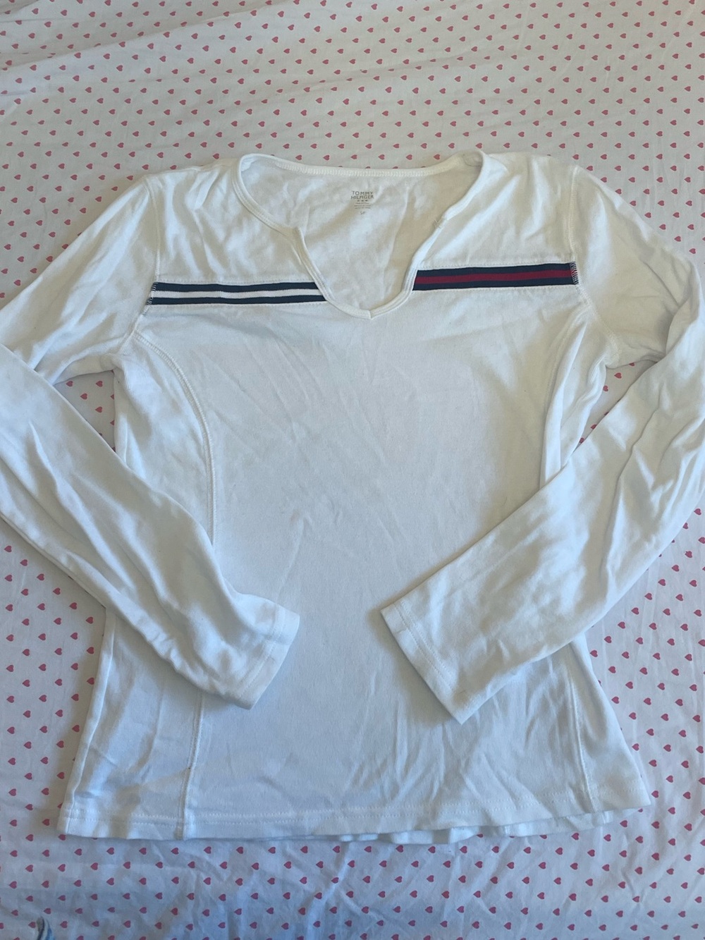Y2K Tommy Hilfiger Long Sleeve Top with Navy and Red Stripe Detailed